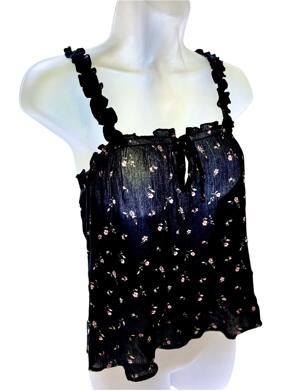 Hollister Black Floral Ruffle-Shoulder Camisole/Blouse, Size: Small